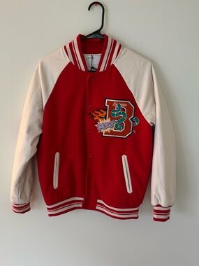 Bershka Red and White Varsity Bomber Jacket